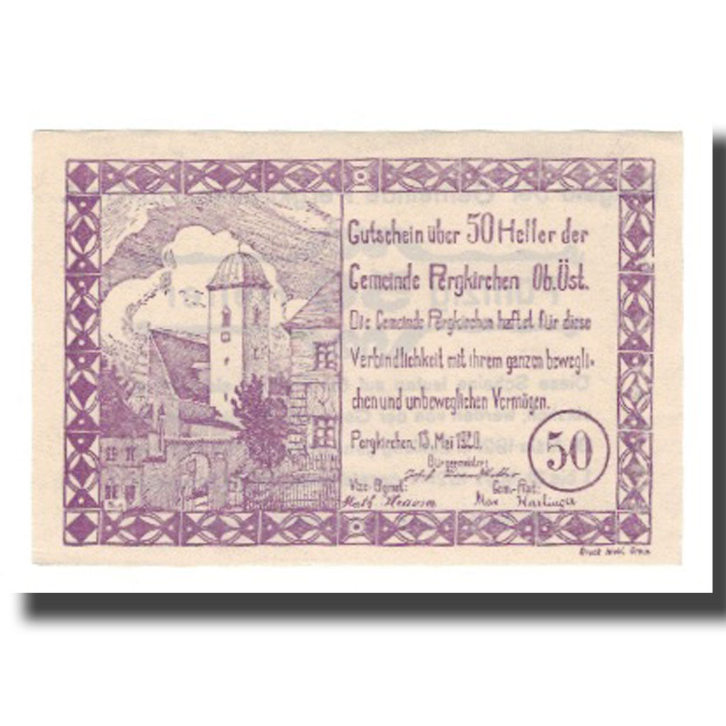 Banknot, Austria, Pergkirchen O.Ö. Gemeinde, 50 Heller, texte 1, 1921