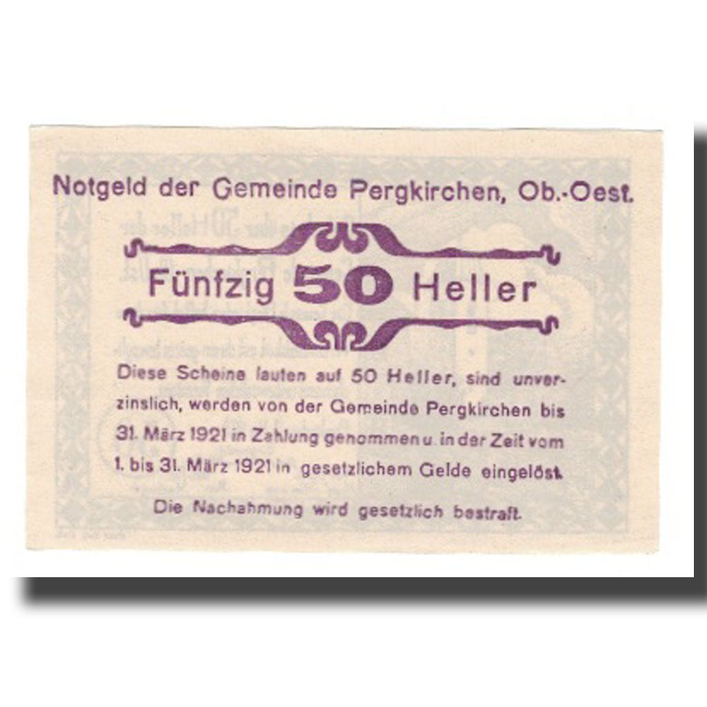 Banknot, Austria, Pergkirchen O.Ö. Gemeinde, 50 Heller, texte 1, 1921