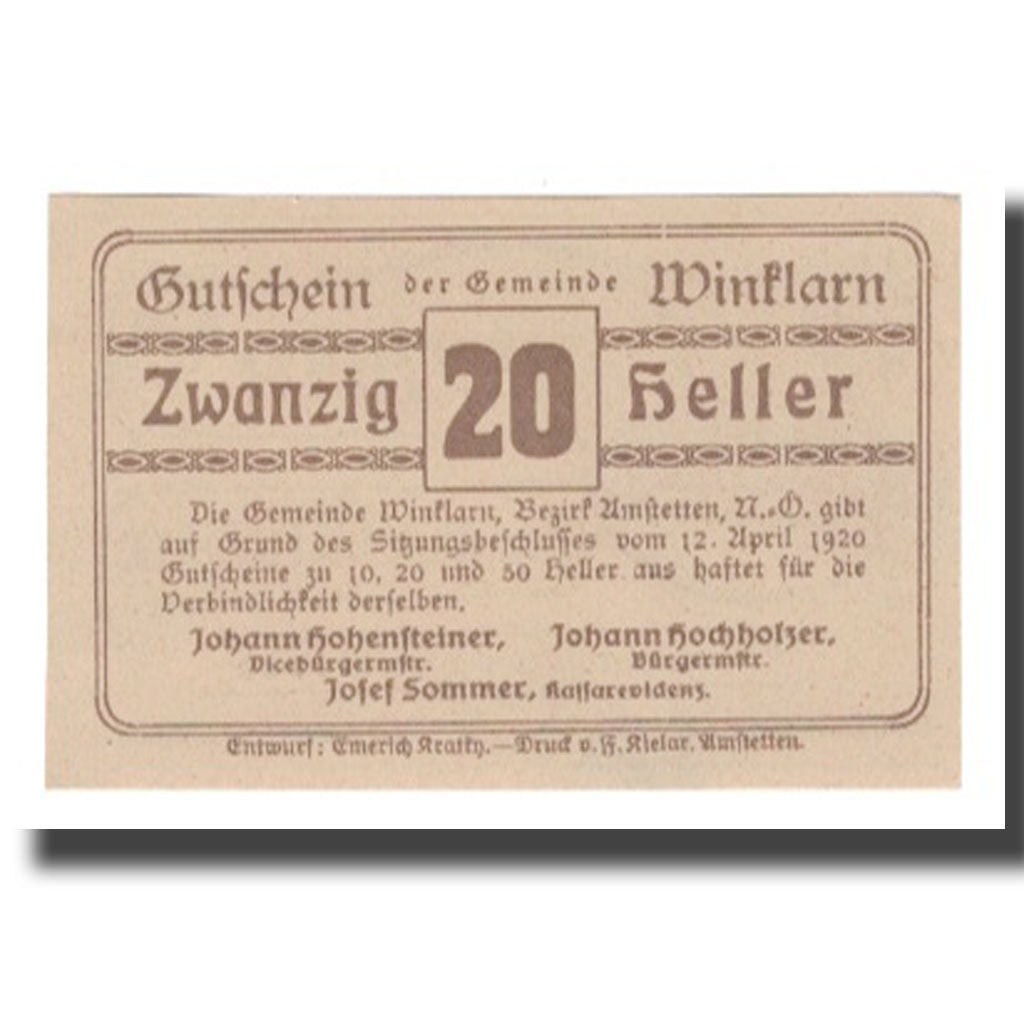 Geldschein, Österreich, Winklarn N.Ö. Gemeinde, 20 Heller, Texte, 1920