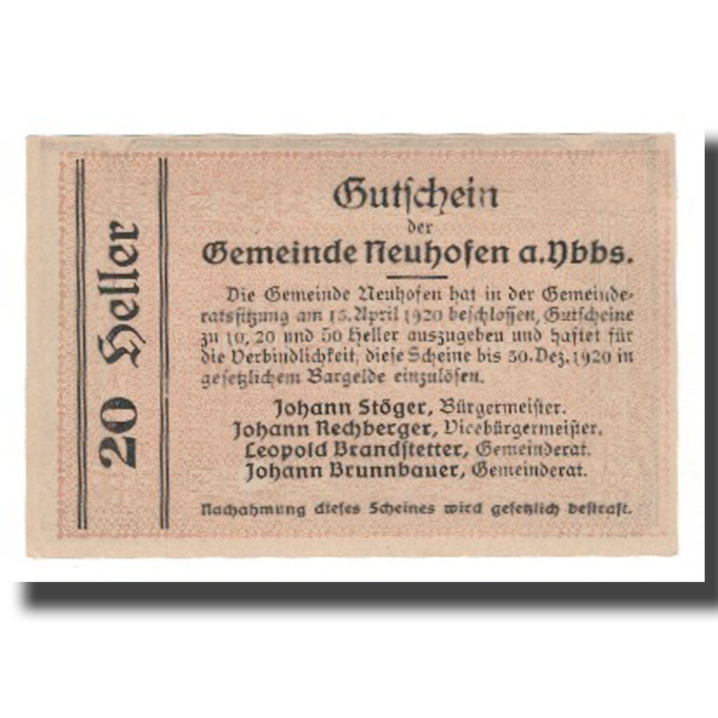 Banknot, Austria, Neuhofen a.d. Ybbs N.Ö. Gemeinde, 20 Heller, Texte, 1920