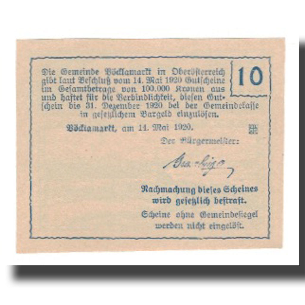 Banknot, Austria, Vöcklamarkt O.Ö. Gemeinde, 10 Heller, Texte, 1920