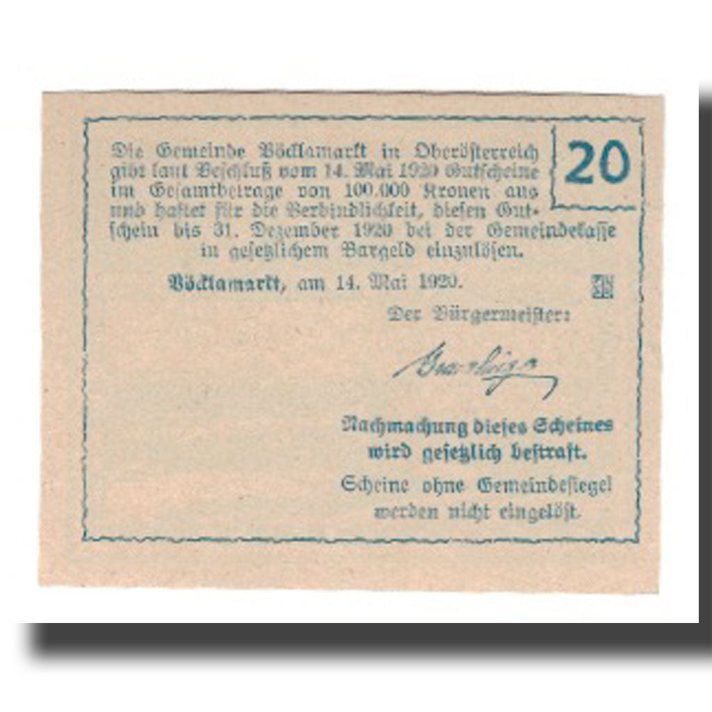 Geldschein, Österreich, Vöcklamarkt O.Ö. Gemeinde, 20 Heller, texte 1, 1920