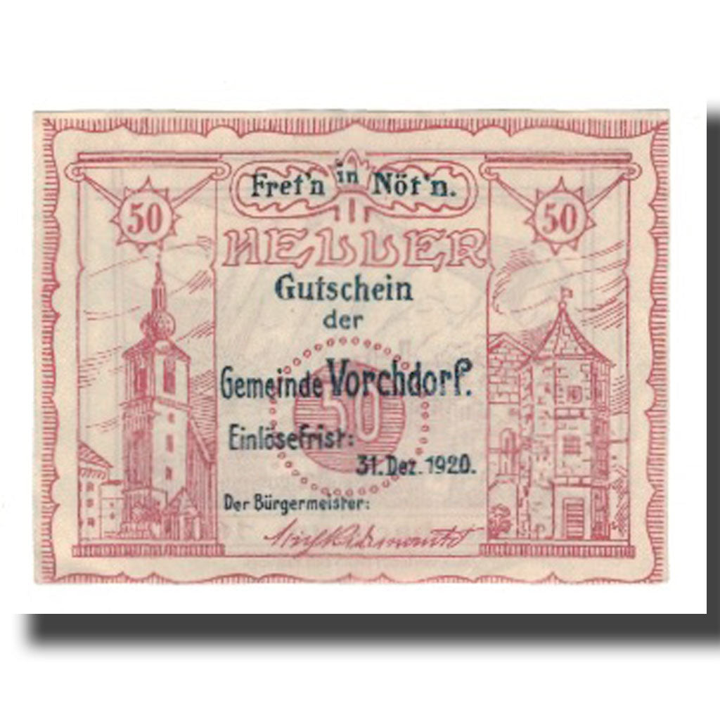Banknote, Austria, Vorchdorf O.Ö. Gemeinde, 50 Heller, montagne, 1920