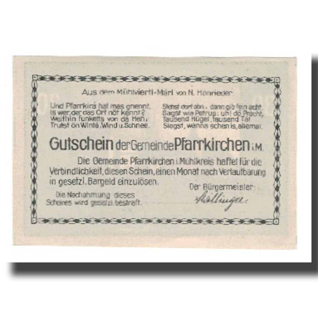 Banknot, Austria, Pfarrkirchen im Mühlkreis O.Ö. Gemeinde, 30 Heller, Texte