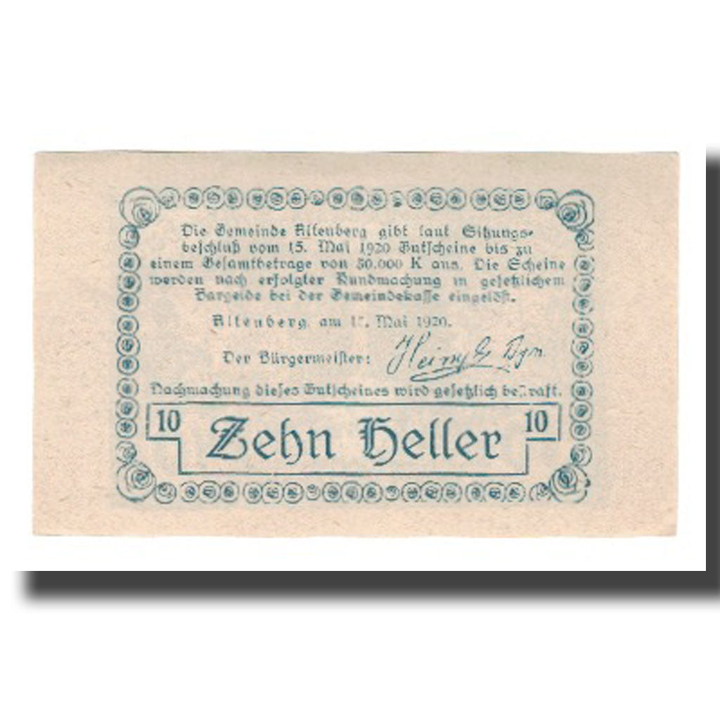 Banknot, Austria, Altenberg O.Ö. Gemeinde, 10 Heller, Texte, 1920, 1920-05-15