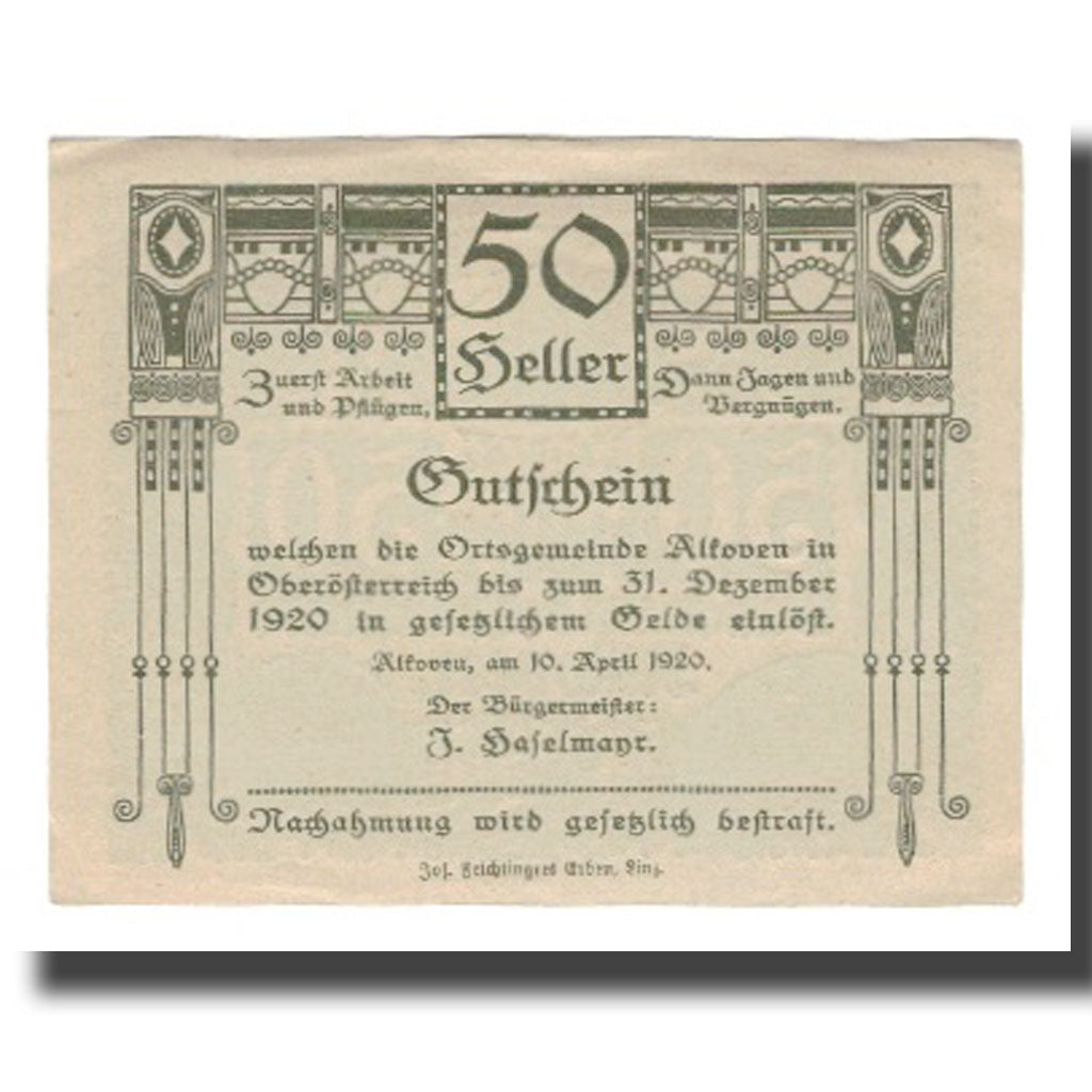 Geldschein, Österreich, Alkoven O.Ö. Gemeinde, 50 Heller, Texte, 1920