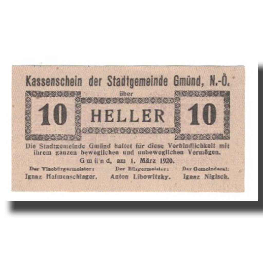 Banknot, Austria, Gmünd N.Ö. Stadtgemeinde, 10 Heller, Texte, 1920