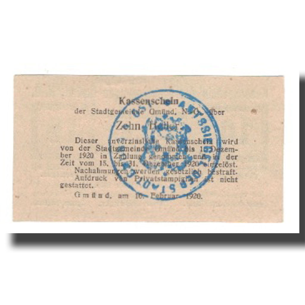 Banknot, Austria, Gmünd N.Ö. Stadtgemeinde, 10 Heller, Texte, 1920