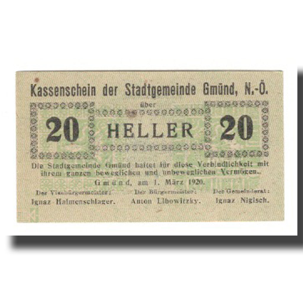 Banknot, Austria, Gmünd N.Ö. Stadtgemeinde, 20 Heller, texte 1, 1920