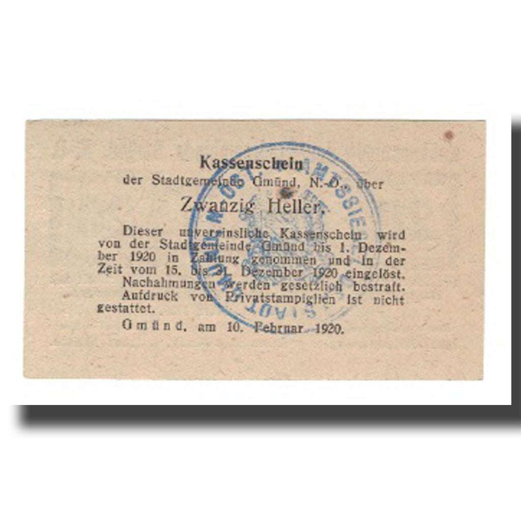 Banknot, Austria, Gmünd N.Ö. Stadtgemeinde, 20 Heller, texte 1, 1920
