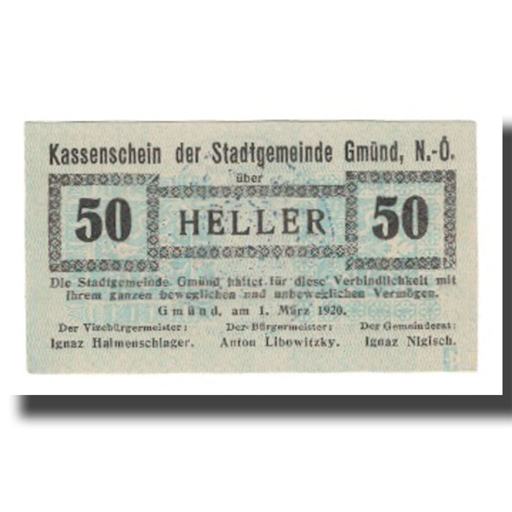 Banknot, Austria, Gmünd N.Ö. Stadtgemeinde, 50 Heller, Texte 2, 1920