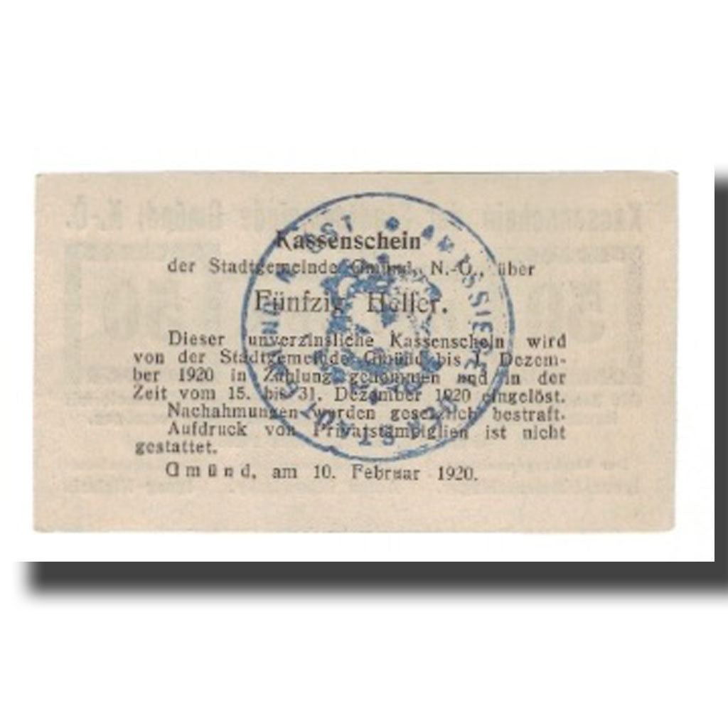 Banknot, Austria, Gmünd N.Ö. Stadtgemeinde, 50 Heller, Texte 2, 1920
