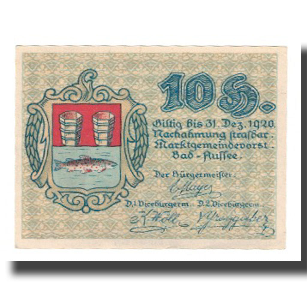 Banknot, Austria, Bad Aussee Stm. Marktgemeinde, 10 Heller, Blason, 1920