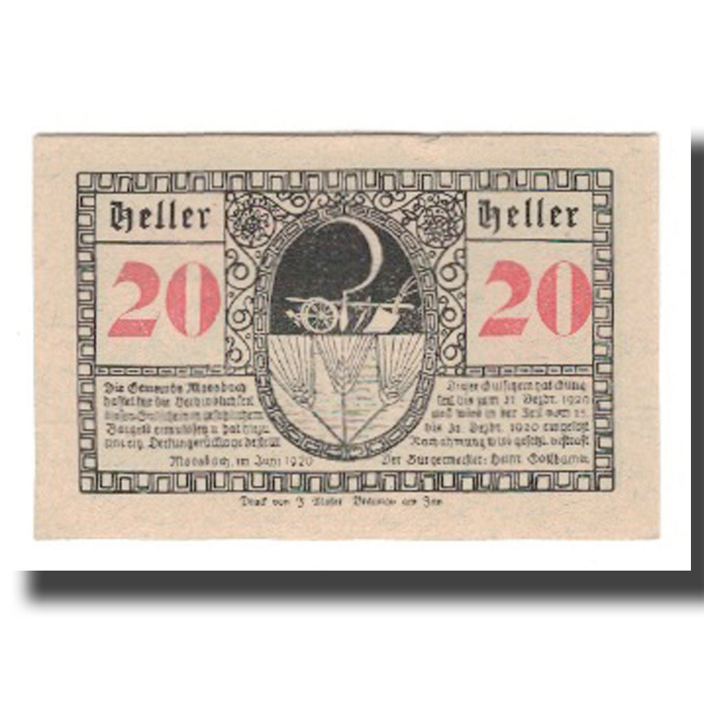Banknot, Austria, Moosbach O.Ö. Gemeinde, 20 Heller, paysage 1, 1920