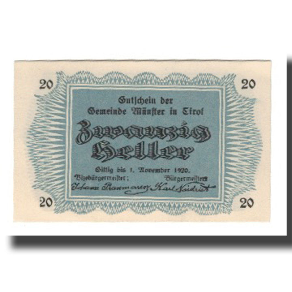 Banknote, Austria, Münster Tirol Gemeinde, 20 Heller, paysage, 1920