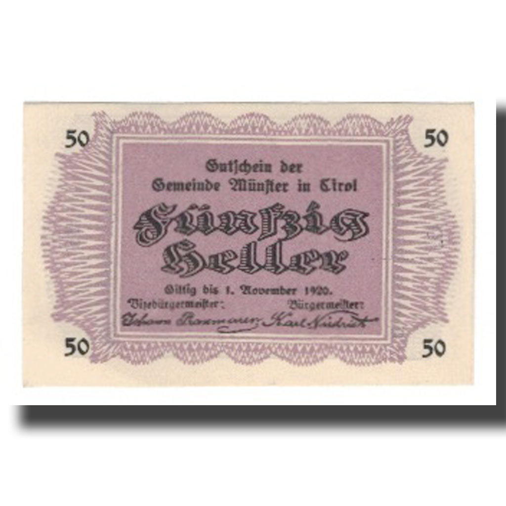 Banknote, Austria, Münster Tirol Gemeinde, 50 Heller, paysage 1, 1920
