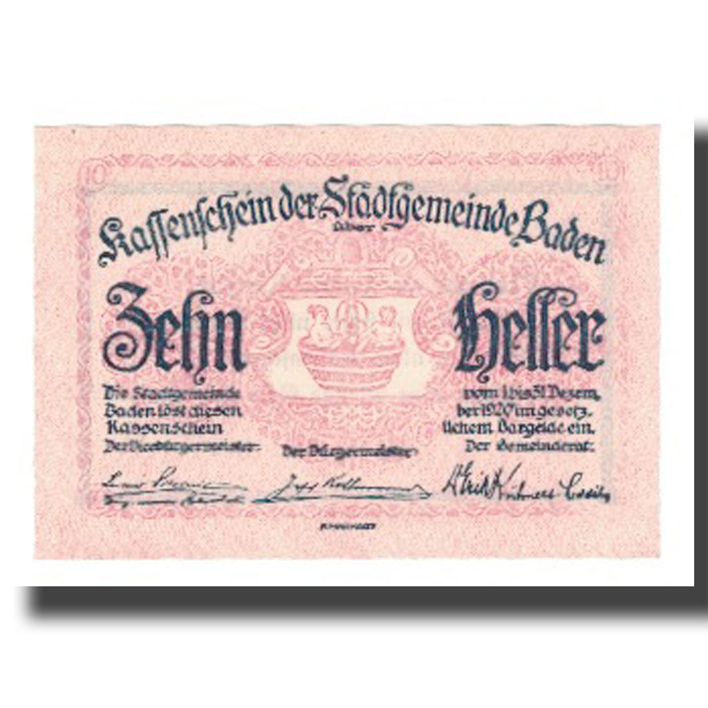 Banknote, Austria, Baden Stadtgemeinde, 10 Heller, Texte, 1920, 1920-12-31