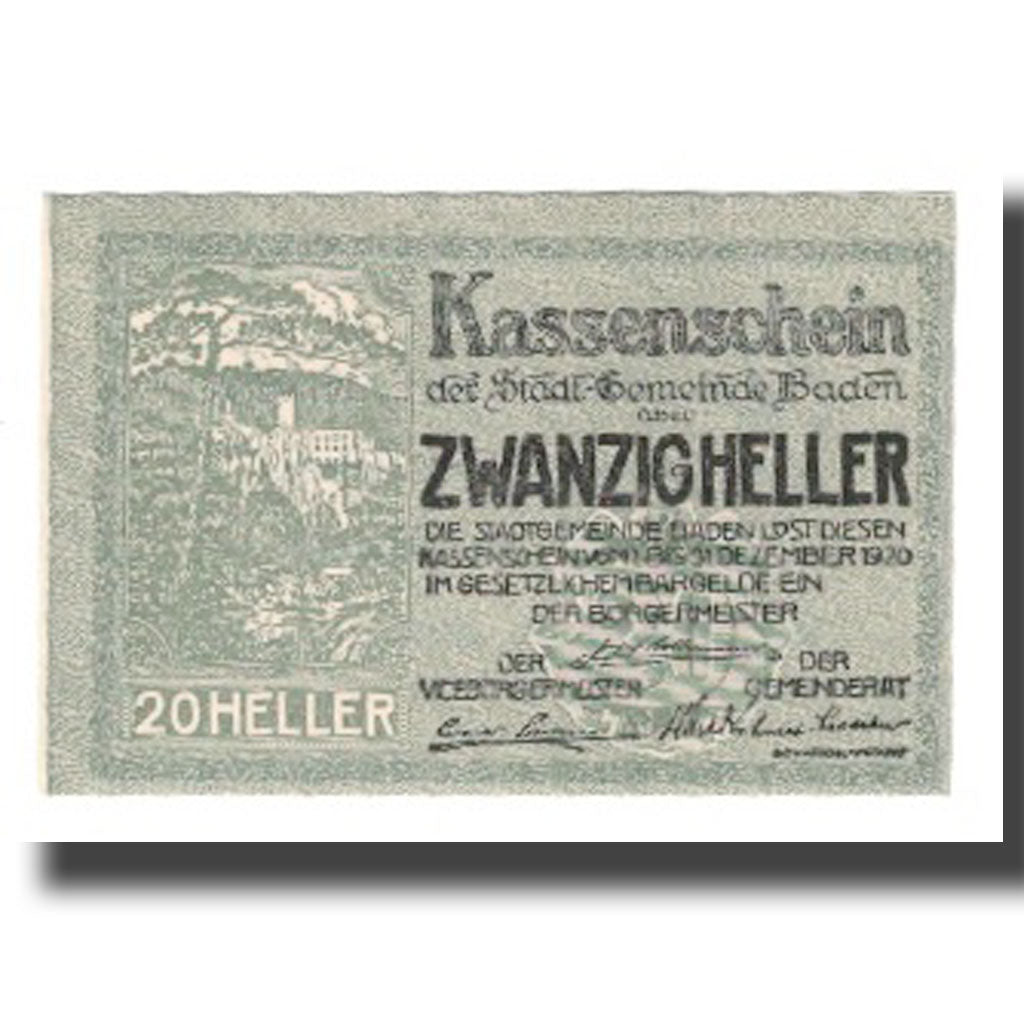 Banknote, Austria, Baden Stadtgemeinde, 20 Heller, texte 1, 1920, 1920-12-31