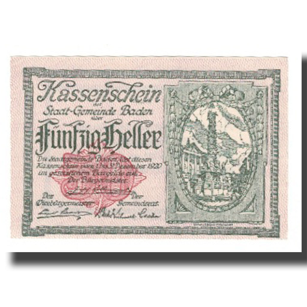 Banknot, Austria, Baden Stadtgemeinde, 50 Heller, Texte 2, 1920, 1920-12-31