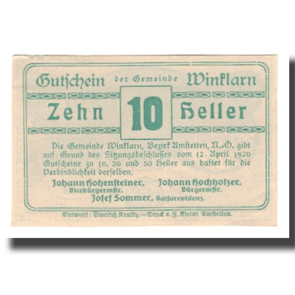 Geldschein, Österreich, Winklarn N.Ö. Gemeinde, 10 Heller, Texte 2, 1920