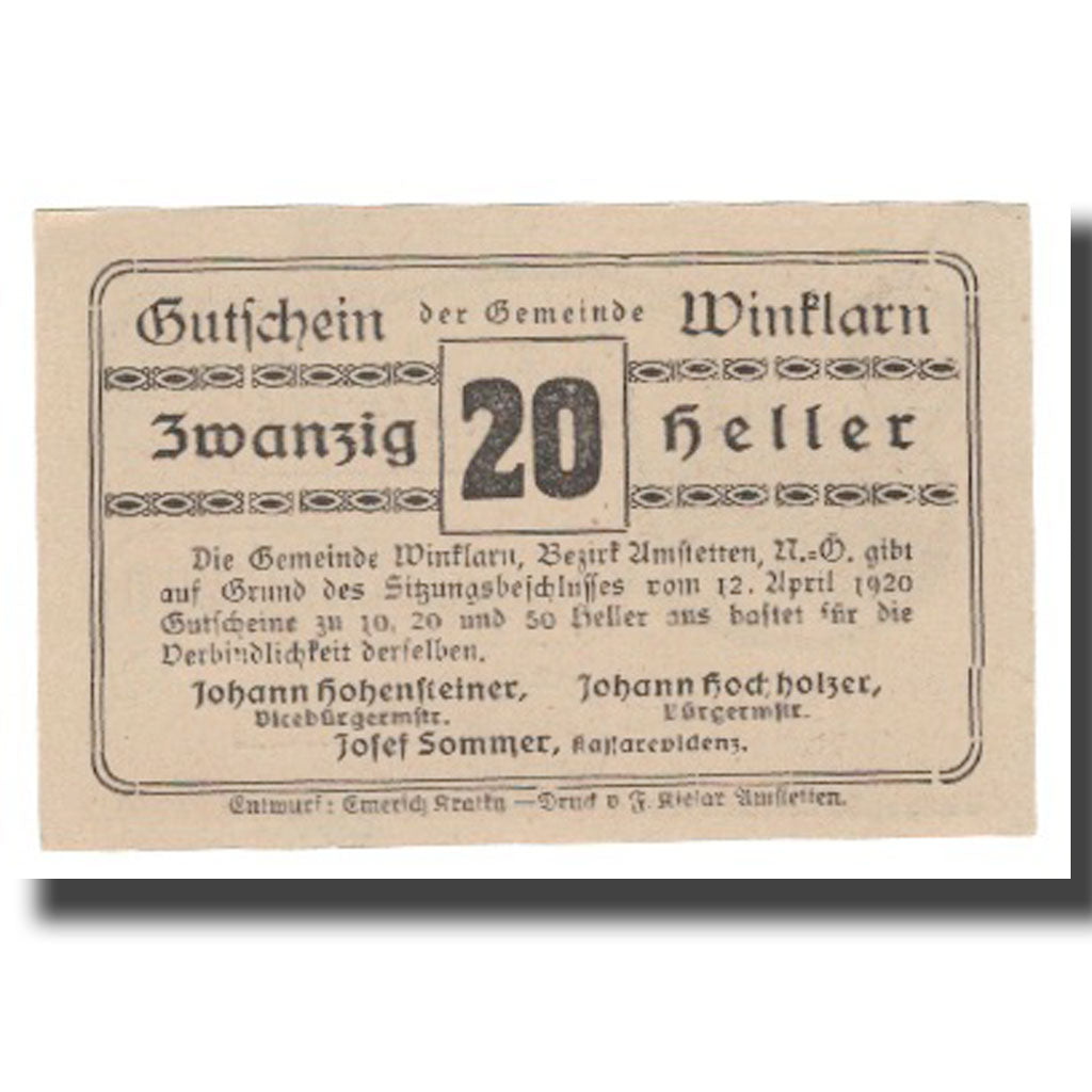 Banknot, Austria, Winklarn N.Ö. Gemeinde, 20 Heller, Texte 3, 1920, 1920-12-30