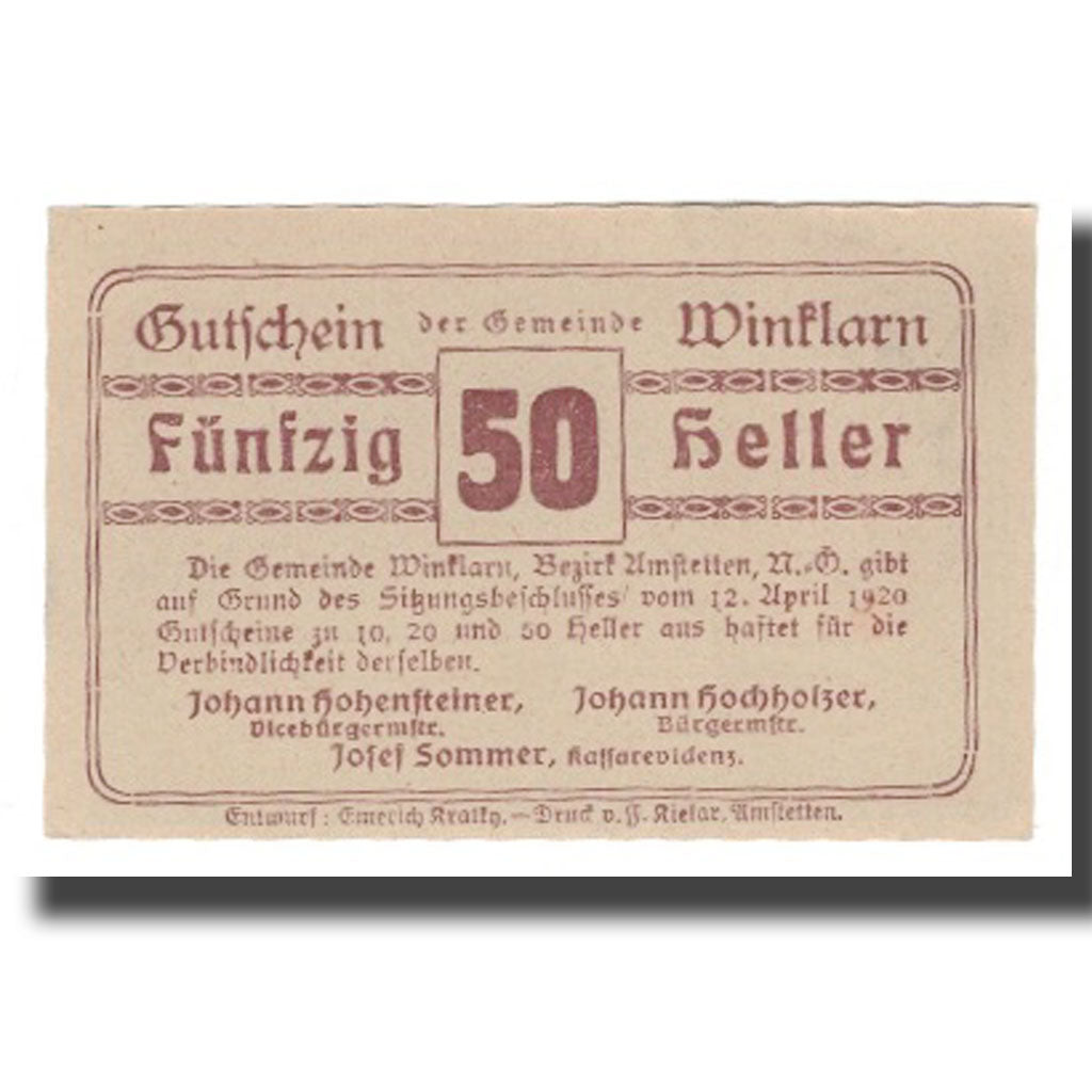 Geldschein, Österreich, Winklarn N.Ö. Gemeinde, 50 Heller, Texte  5, 1920