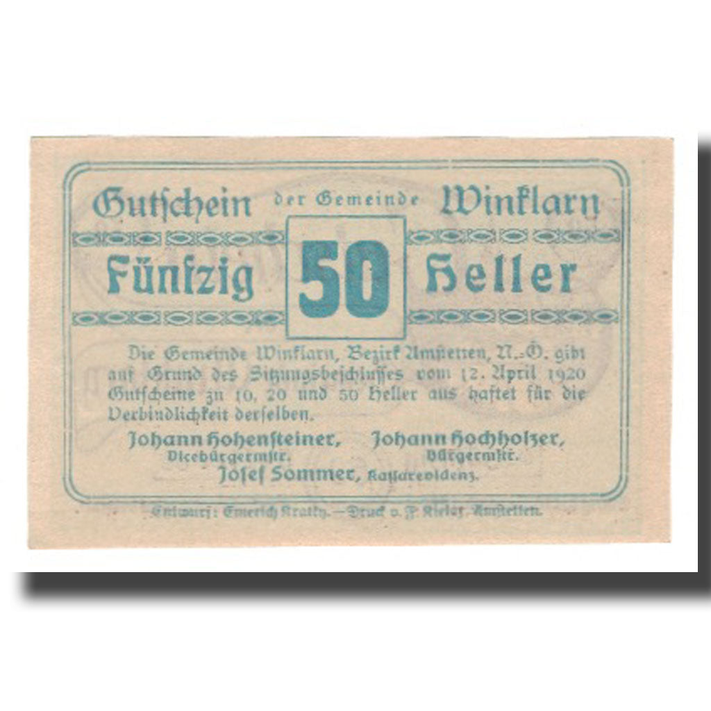 Geldschein, Österreich, Winklarn N.Ö. Gemeinde, 50 Heller, Texte 6, 1920
