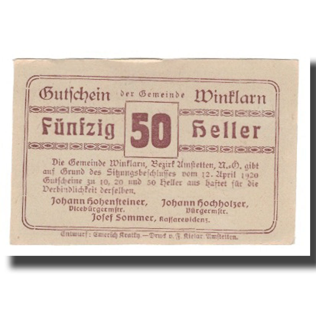 Geldschein, Österreich, Winklarn N.Ö. Gemeinde, 50 Heller, Texte 7, 1920