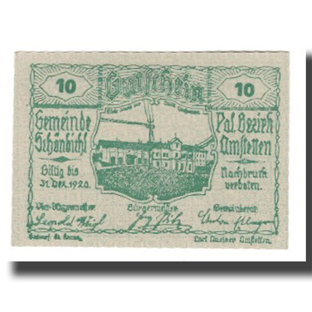 Banknot, Austria, Schönbichl N.Ö. Gemeinde, 10 Heller, paysage, 1920