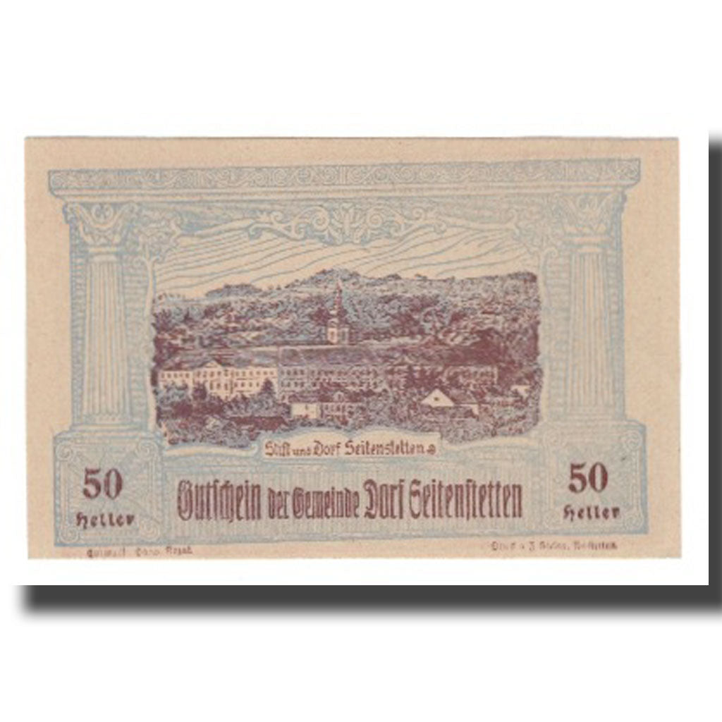 Banconote, Austria, Seitenstetten Dorf N.Ö. Gemeinde, 50 Heller, Monument 5
