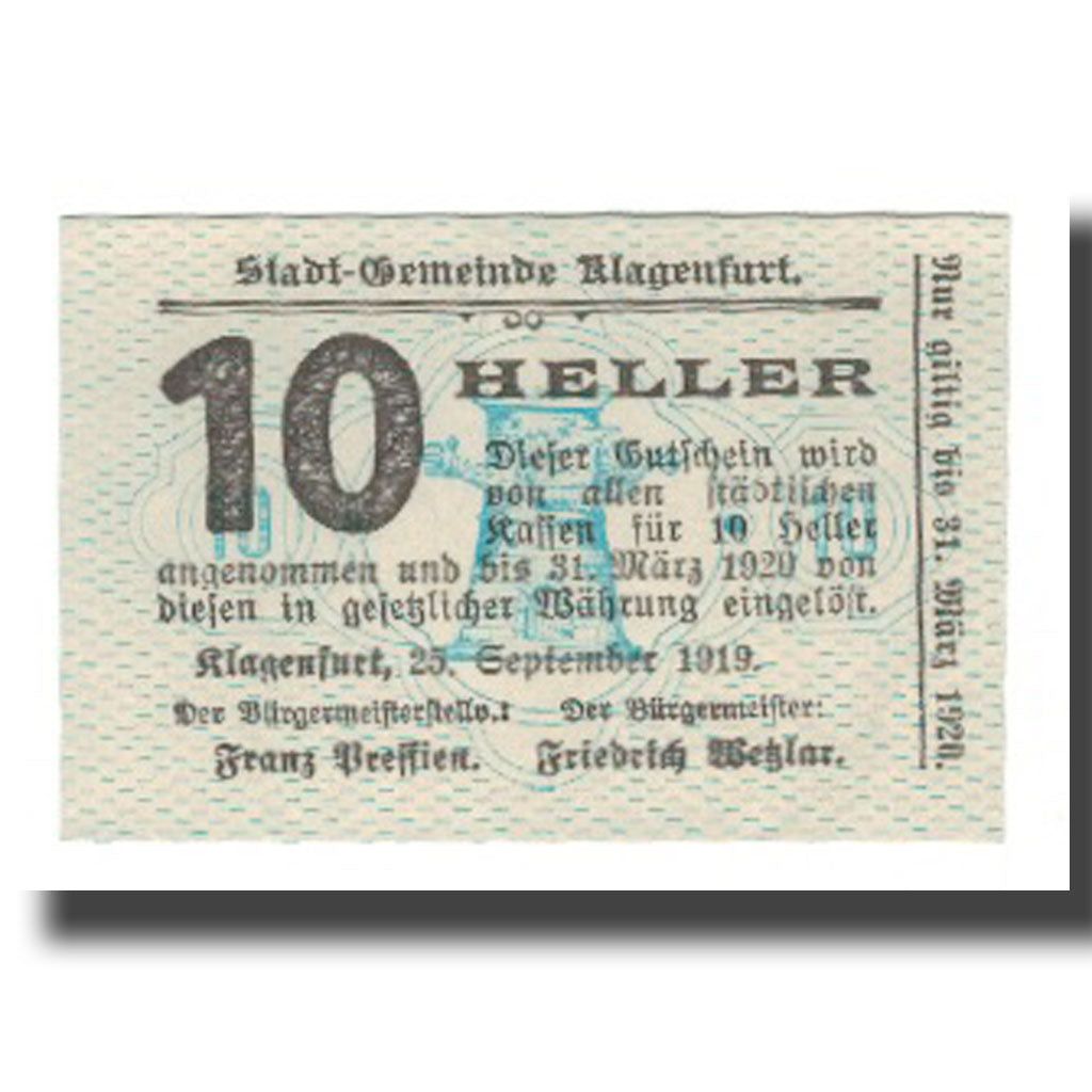 Banknot, Austria, Klagenfurt Kärnten Stadtgemeinde, 10 Heller, N.D, 1920