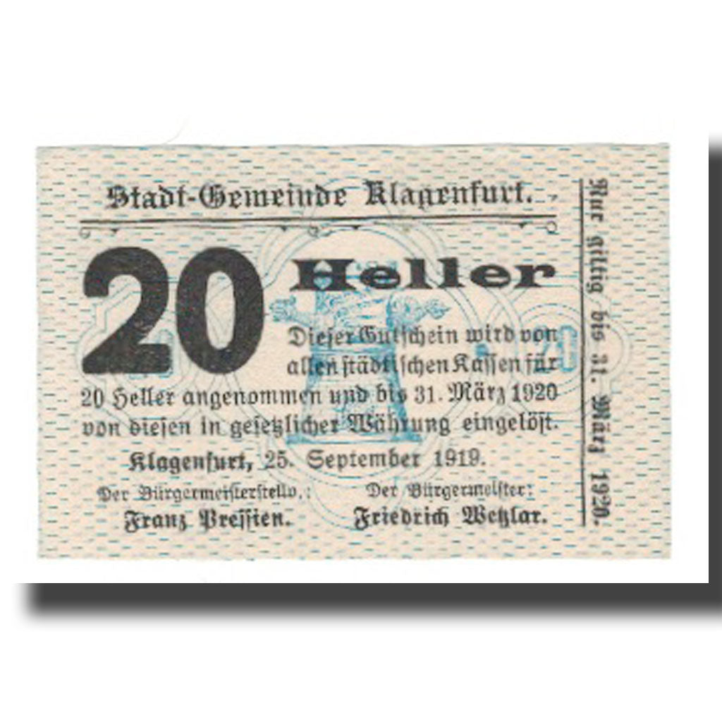 Geldschein, Österreich, Klagenfurt Kärnten Stadtgemeinde, 20 Heller, N.D