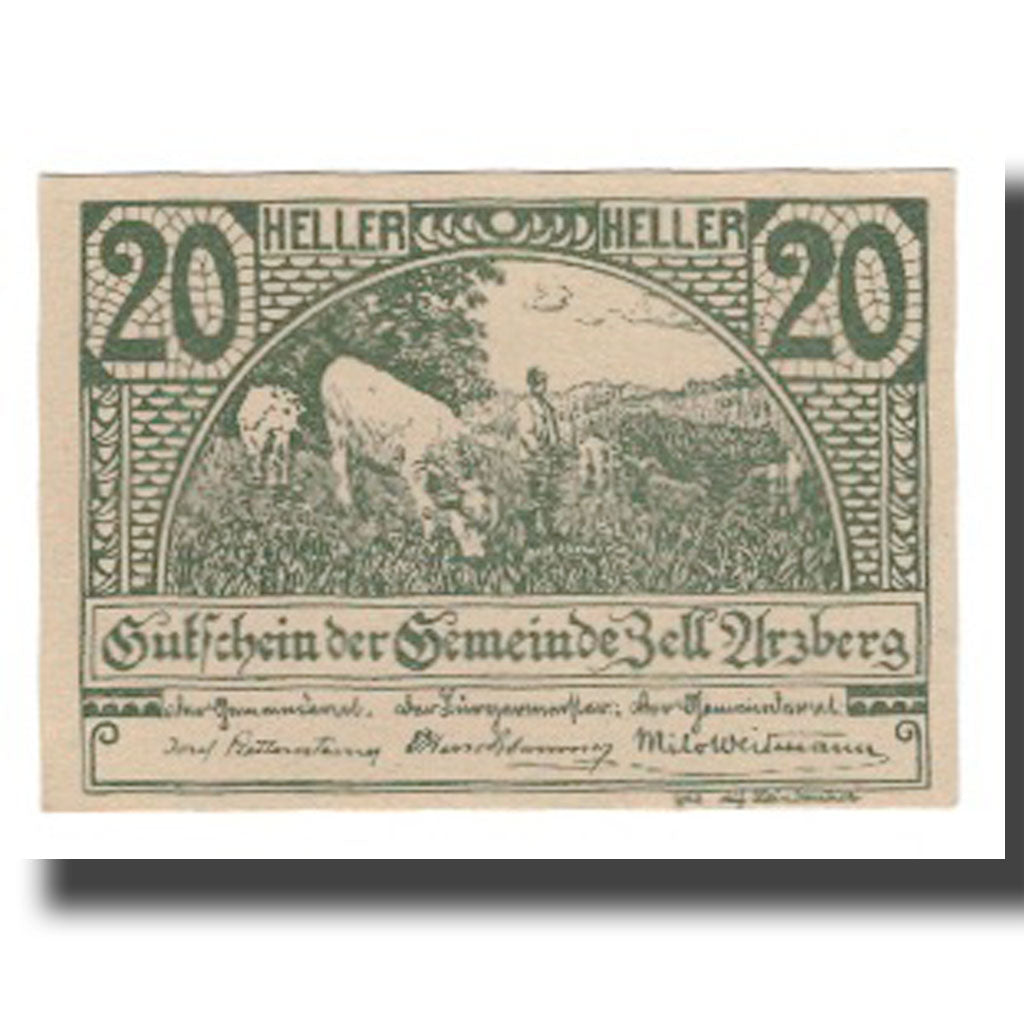 Banknote, Austria, Zell Arzberg O.Ö. Gemeinde, 20 Heller, Texte, 1920