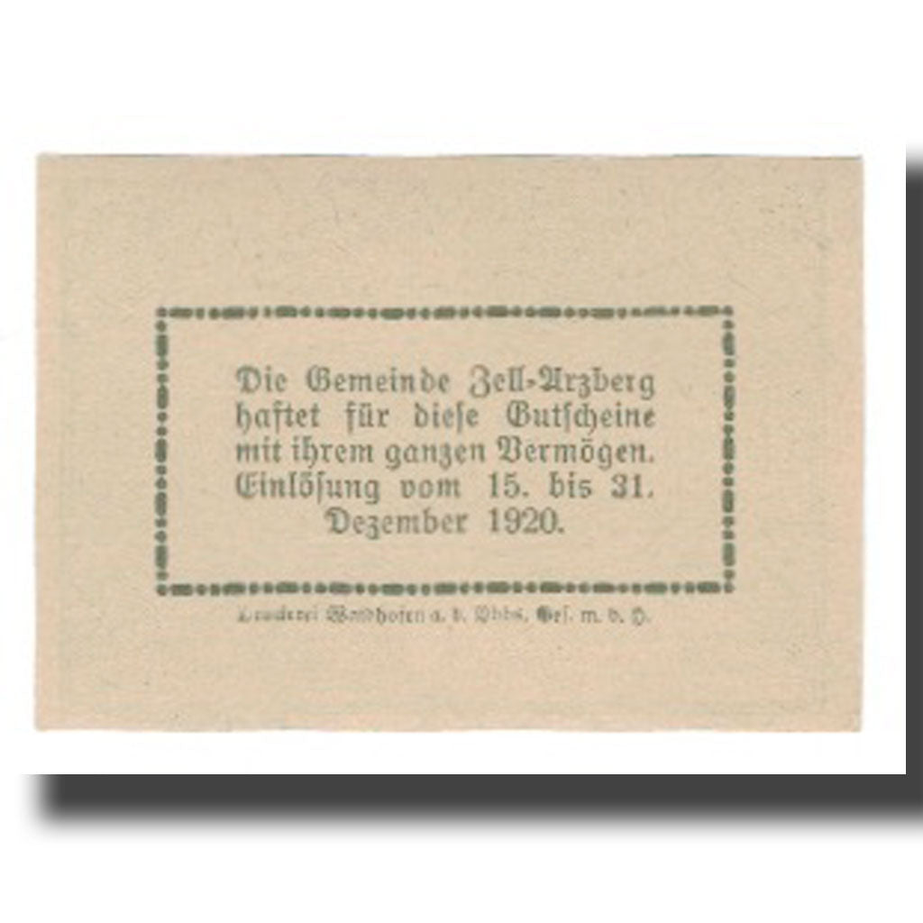 Banknote, Austria, Zell Arzberg O.Ö. Gemeinde, 20 Heller, Texte, 1920
