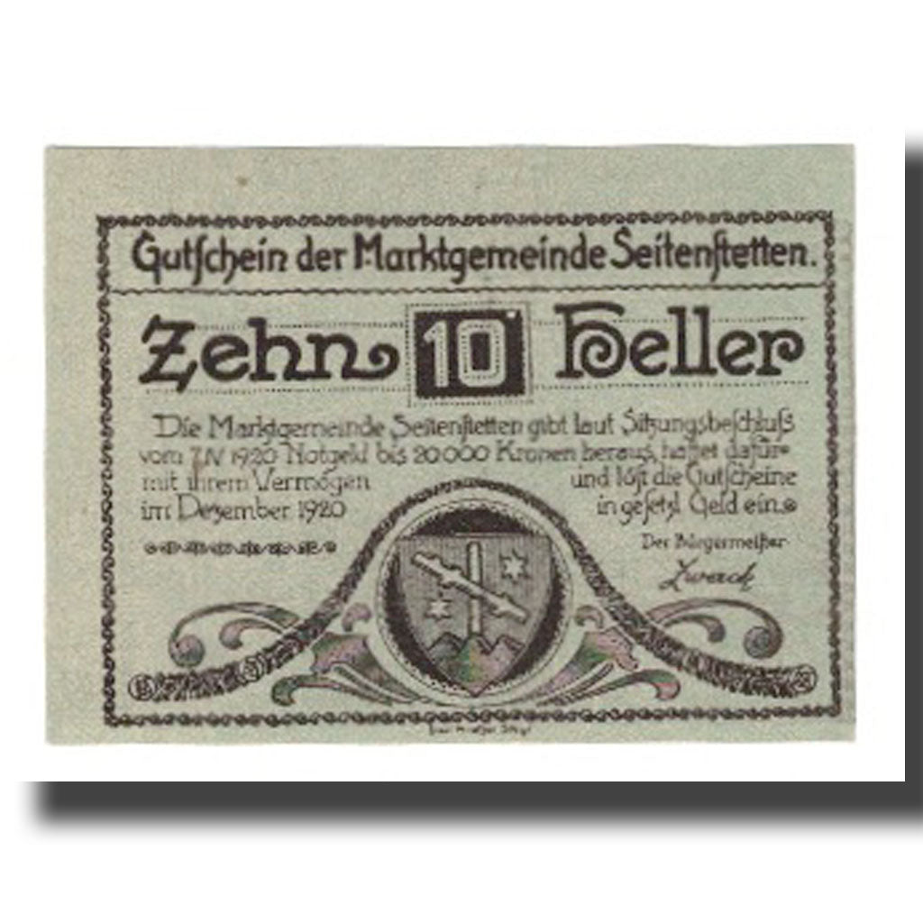 Banknot, Austria, Seitenstetten N.Ö. Marktgemeinde, 10 Heller, paysage, 1920
