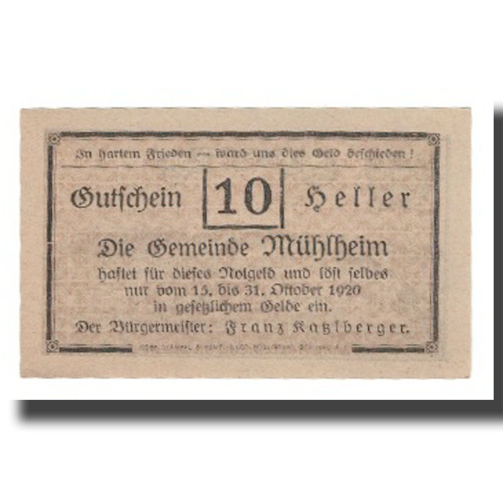 Banknot, Austria, Mühlheim O.Ö. Gemeinde, 10 Heller, paysage, 1920