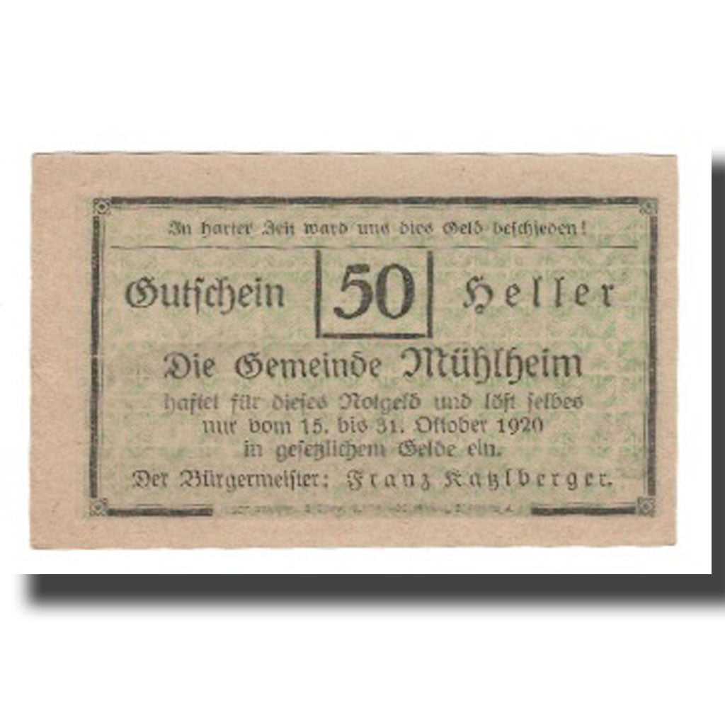 Banknot, Austria, Mühlheim O.Ö. Gemeinde, 50 Heller, paysage 2, 1920