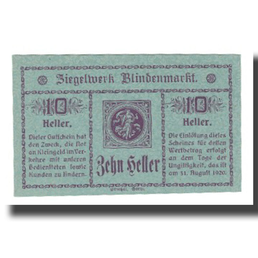 Banknot, Austria, Blindenmarkt N.Ö. Prv. Ziegelwerk, 10 Heller, N.D, 1920
