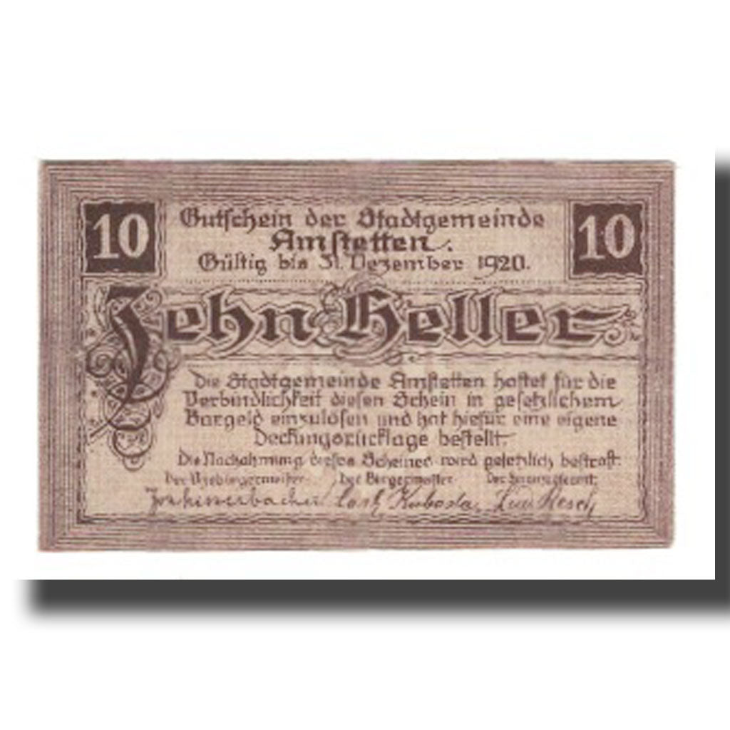 Banknot, Austria, Amstetten N.Ö. Stadtgemeinde, 10 Heller, Blason, 1920