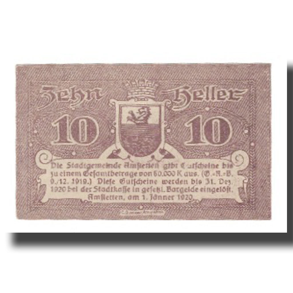 Banknot, Austria, Amstetten N.Ö. Stadtgemeinde, 10 Heller, Blason, 1920