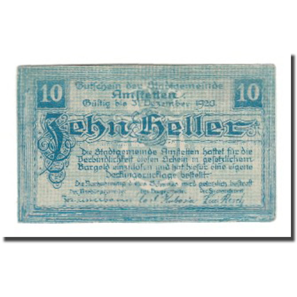 Banconote, Austria, Amstetten N.Ö. Stadtgemeinde, 10 Heller, Blason 1, 1920
