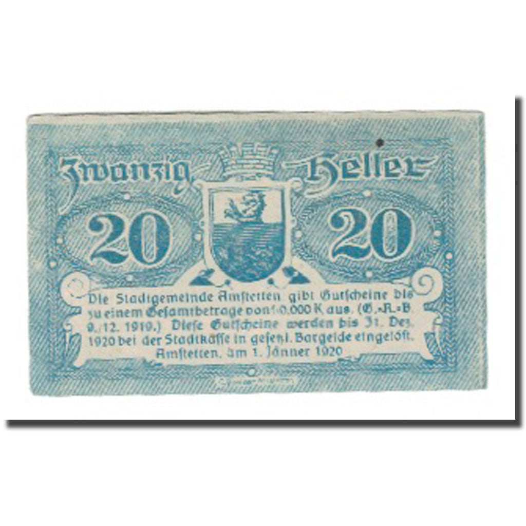 Banconote, Austria, Amstetten N.Ö. Stadtgemeinde, 10 Heller, Blason 1, 1920