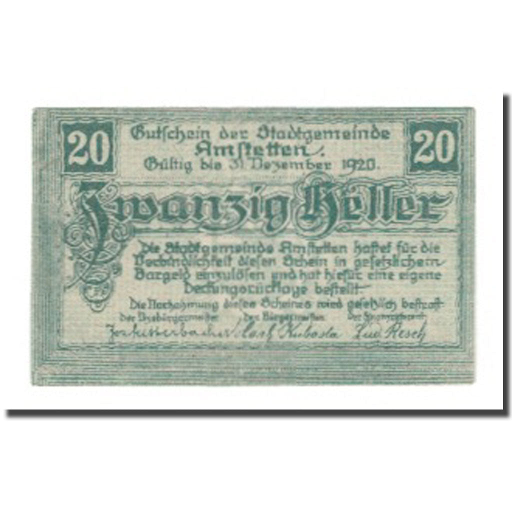 Banknot, Austria, Amstetten N.Ö. Stadtgemeinde, 20 Heller, Blason 2, 1920