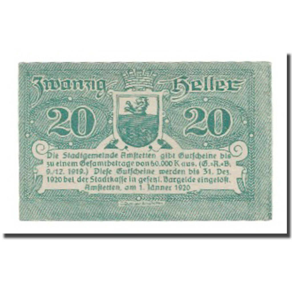 Banknot, Austria, Amstetten N.Ö. Stadtgemeinde, 20 Heller, Blason 2, 1920