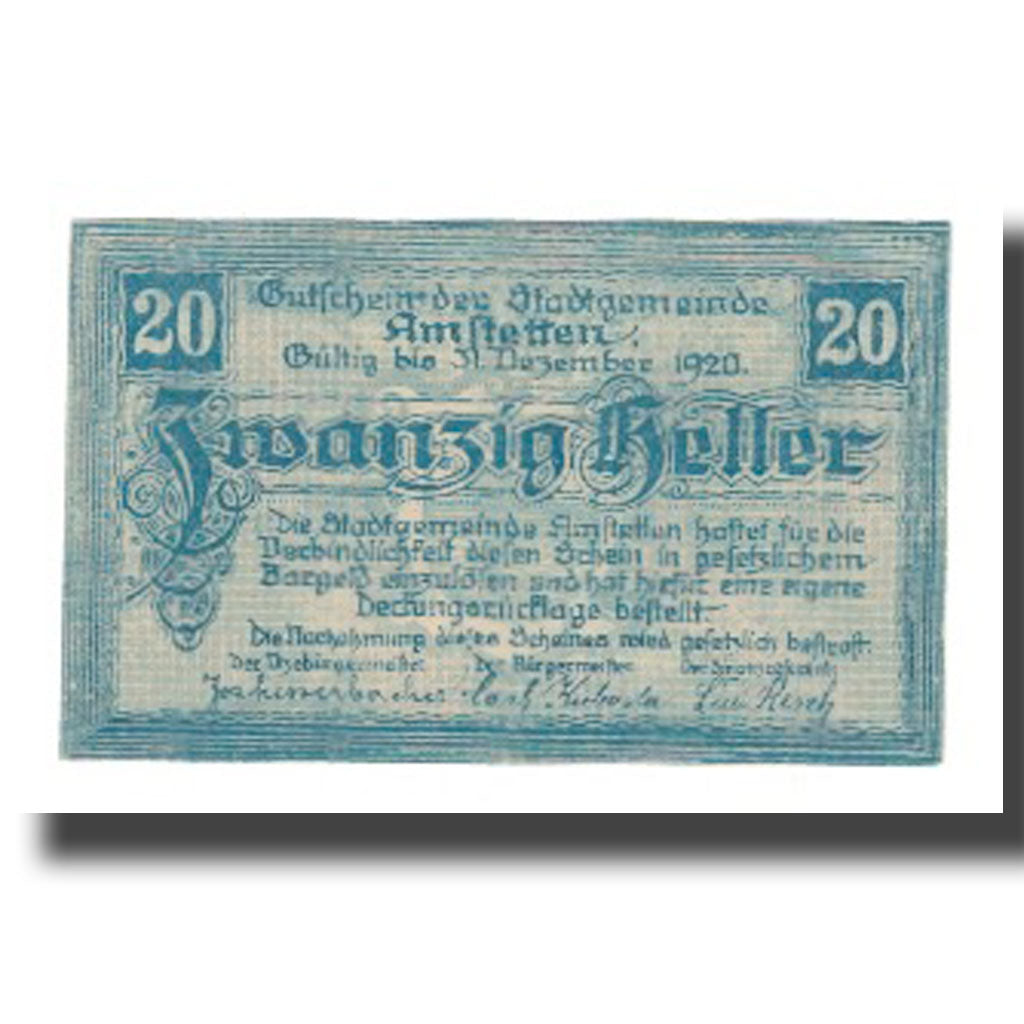 Banknot, Austria, Amstetten N.Ö. Stadtgemeinde, 20 Heller, Blason 3, 1920