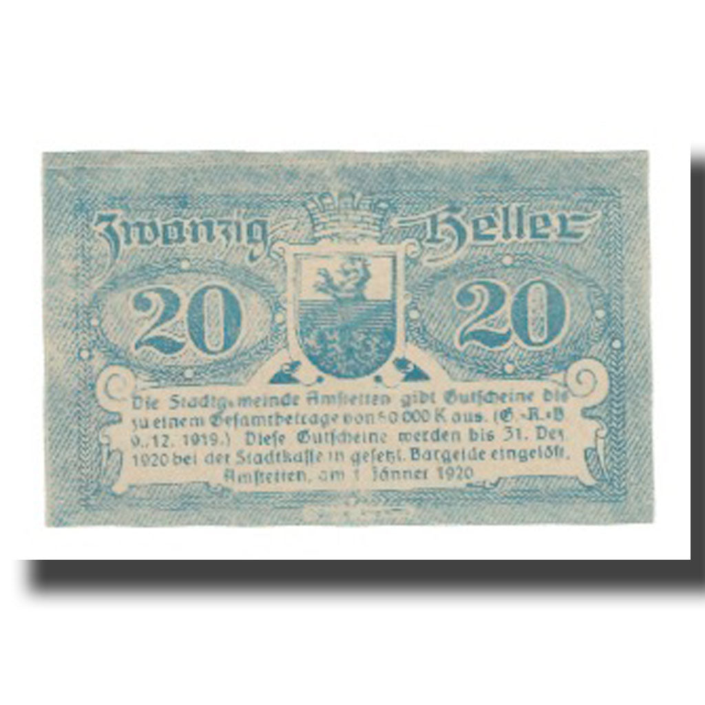 Banknot, Austria, Amstetten N.Ö. Stadtgemeinde, 20 Heller, Blason 3, 1920