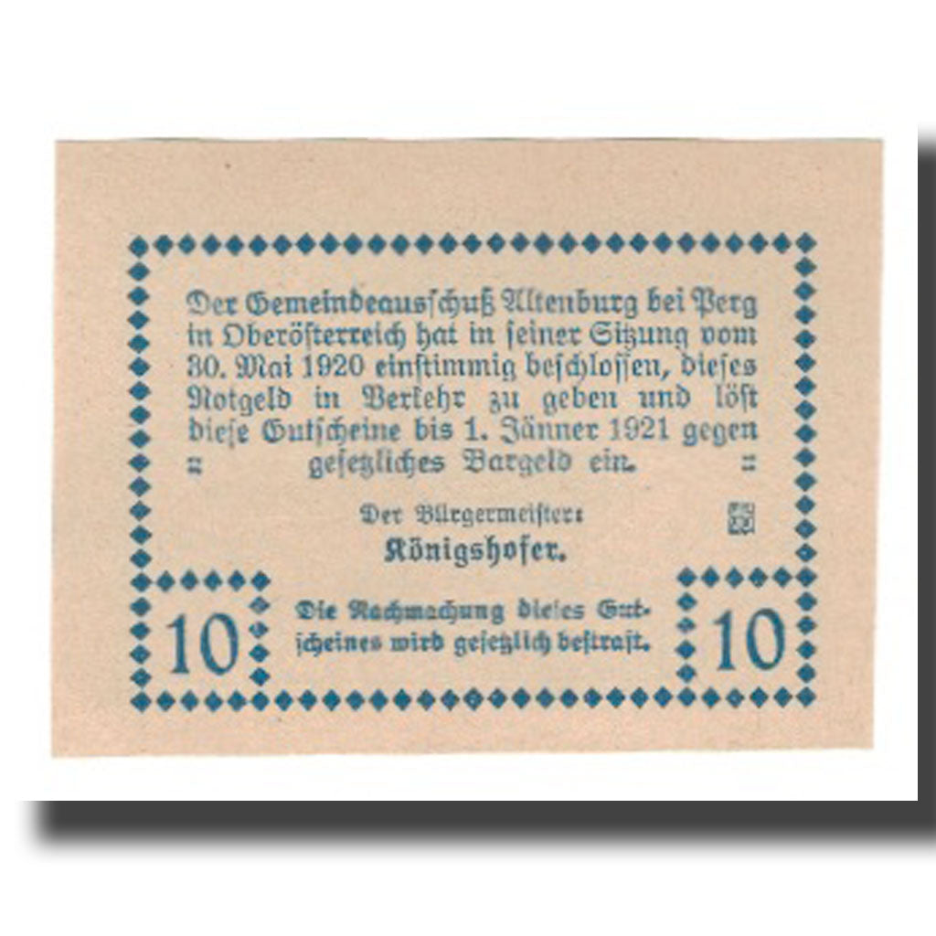 Banknot, Austria, Altenburg O.Ö. Gemeinde, 10 Heller, Texte, 1921, 1921-01-01