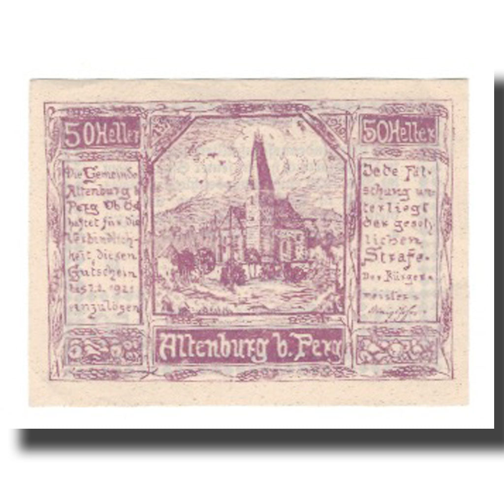 Banconote, Austria, Altenburg O.Ö. Gemeinde, 50 Heller, Texte 2, 1921