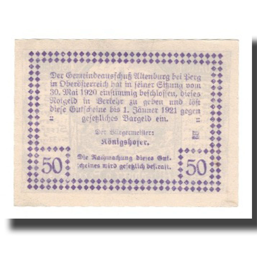 Banconote, Austria, Altenburg O.Ö. Gemeinde, 50 Heller, Texte 2, 1921