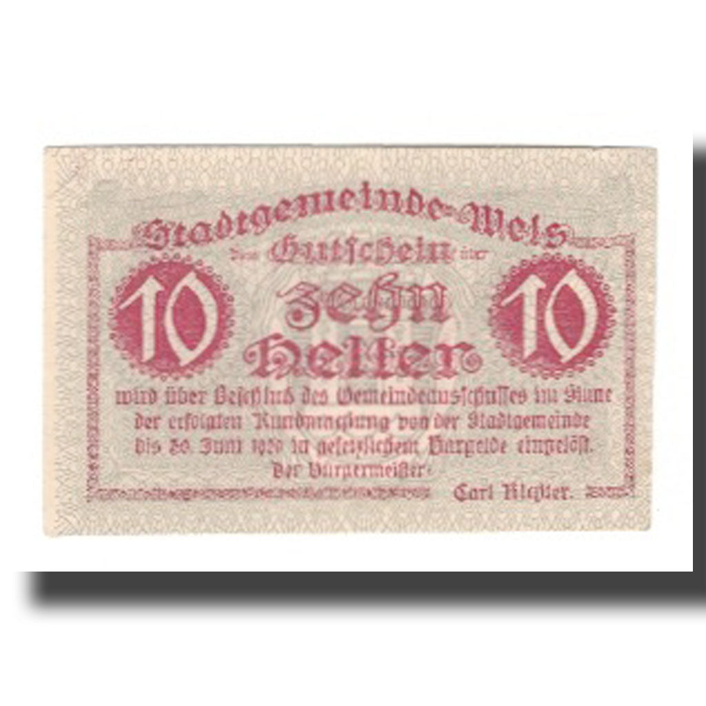 Geldschein, Österreich, Wels O.Ö. Stadtgemeinde, 10 Heller, Clocher, 1920